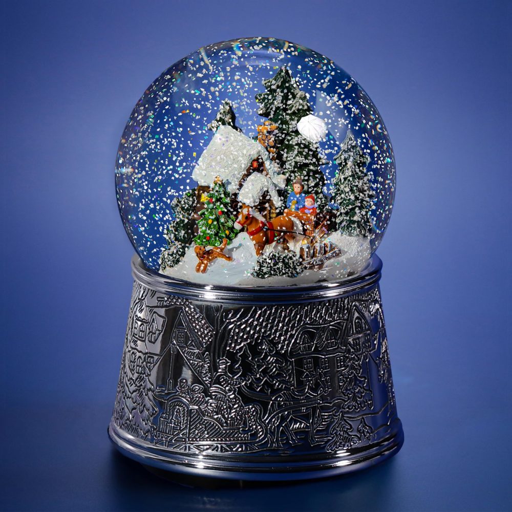 Musical Glass Christmas Snow Globe "Christmas Snowfall" with LED-Illuminated Windows and Swirling Snow. Battery Powered Christmas Decorations