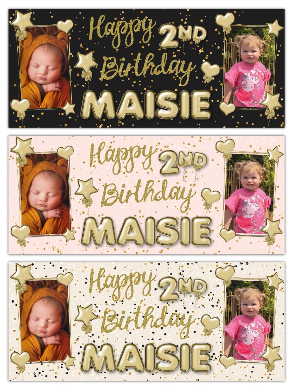 Personalised Girls Birthday Party Banner, Picture and Name, Gold Black Pink Glitter, Hearts, Stars, Balloons, Polka Dots