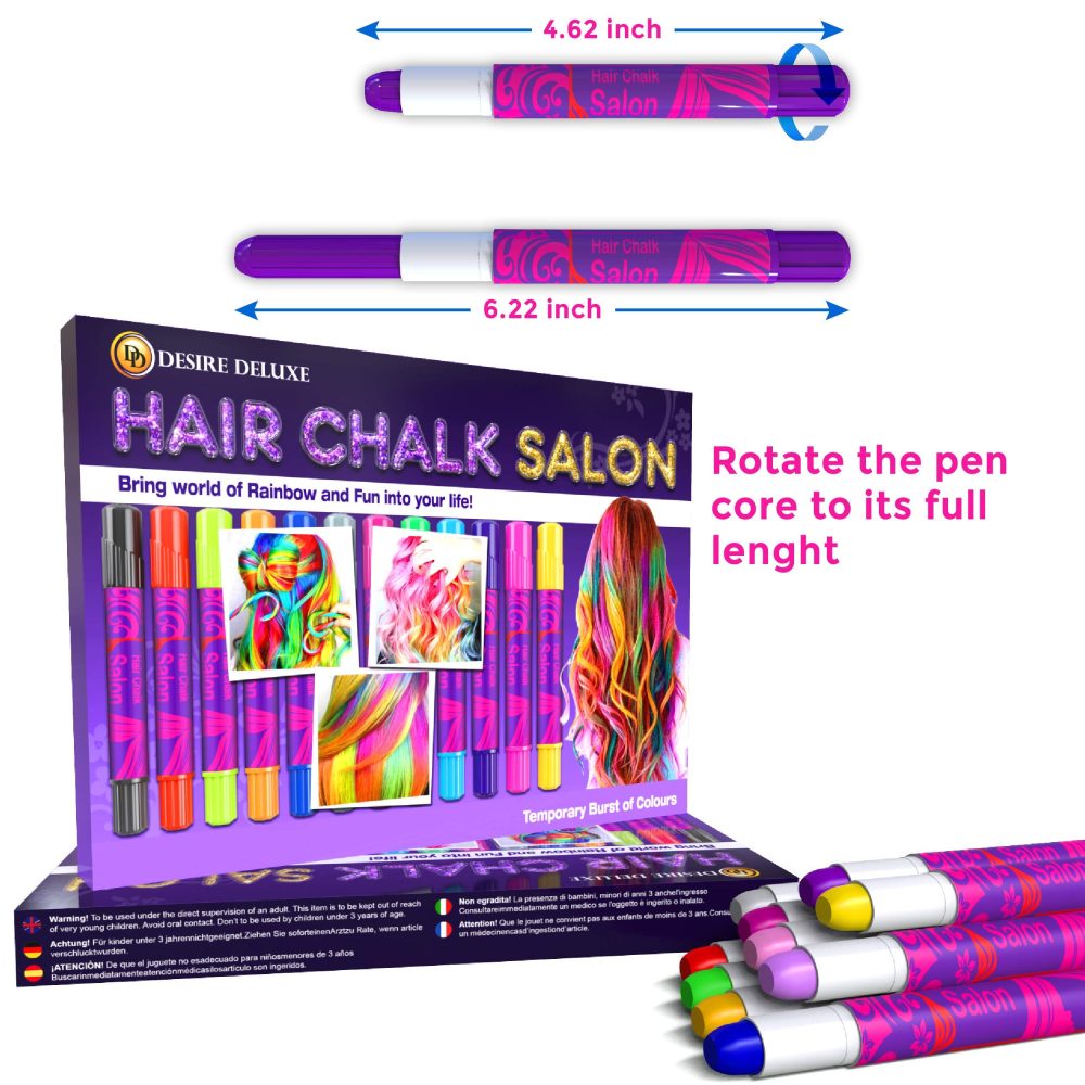 Desire Deluxe Hair Chalk Gift for Girls - 10 Temporary Non-Toxic Easy Washable Hair Dye Colourful, Metallic, Glitter Pens - Great Games Birthday Girls - Image 6