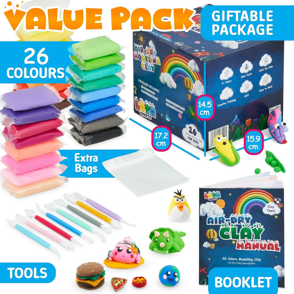 Air Dry Clay for Kids for Kids, 26 Colors Modelling Clay with 8 Tools, Project Booklet, 26 Poly Bags, Soft Ultra Light Magic Clay, Quick Drying Foam Clay for Children, Art & Craft Kits - Image 7