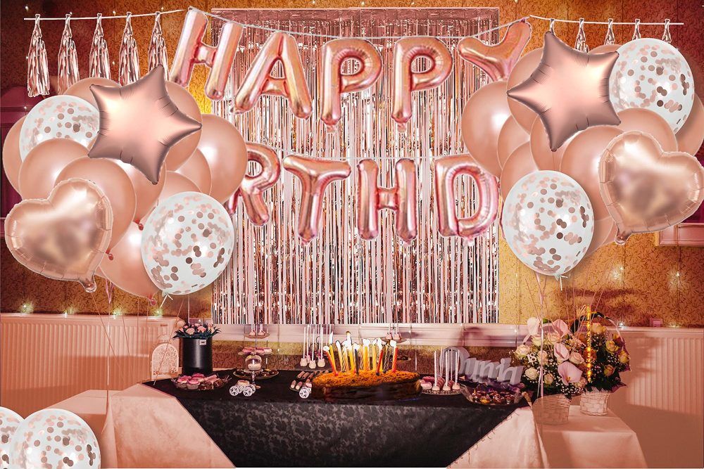 Areebz 82pc Rose Gold Birthday Party Decorations, Happy Birthday decoration banner Latex Confetti Star Heart foil Balloons tassel curtain tablecloth for Girls Women Party Supplies - Image 3