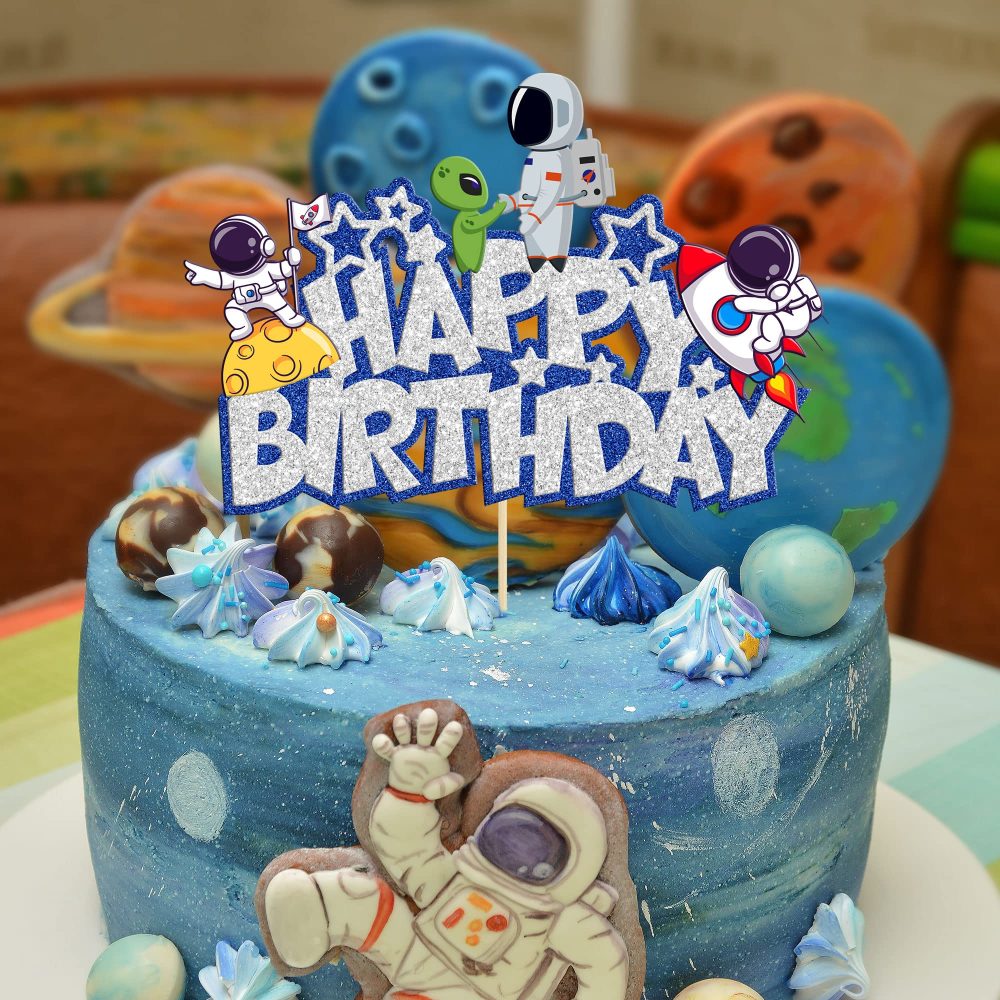 Gyufise 1Pcs Space Happy Birthday Cake Topper Glitter Astronaut Rocket Space Birthday Cake Decorations Outer Space Theme Baby Shower Kids Birthday Party Decorations Supplies - Image 2