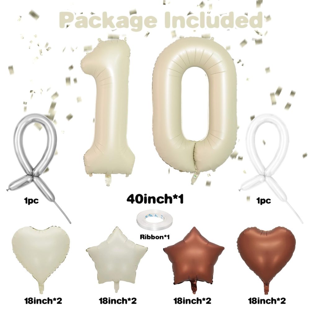 10 Cream White Balloons, 10 Number Balloons Set, 40inch Beige 10 Balloons, Brown Nude Sand White Foil Star Heart Balloons With Two Long Balloons For 10th Birthday Party 1st Baby Shower Decorations - Image 6