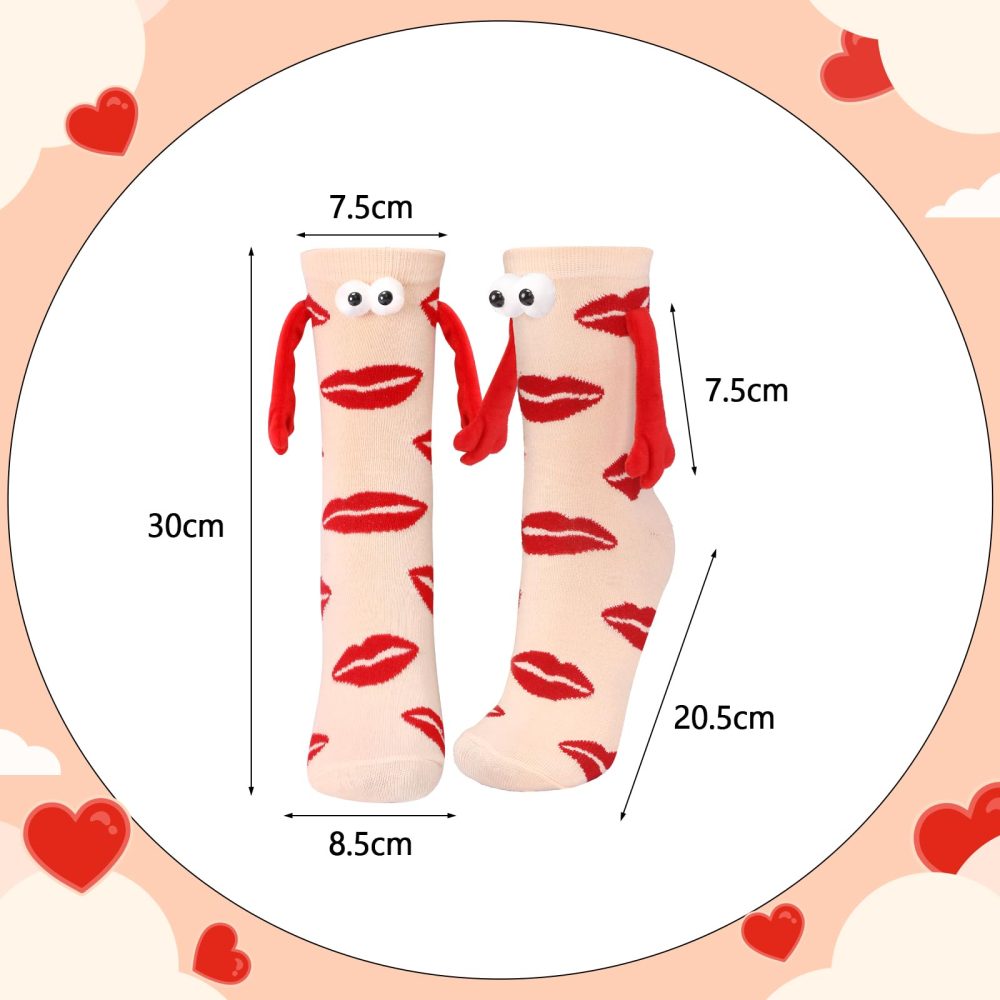 HONMOK 2 Pairs Valentine's Day Gifts for Her Him Couple Magnetic Socks Holding Hands Socks Romantic Red Lips Hand In Hand Socks Funny Love Gift Present for Boyfriend Girlfriend Women - Image 2