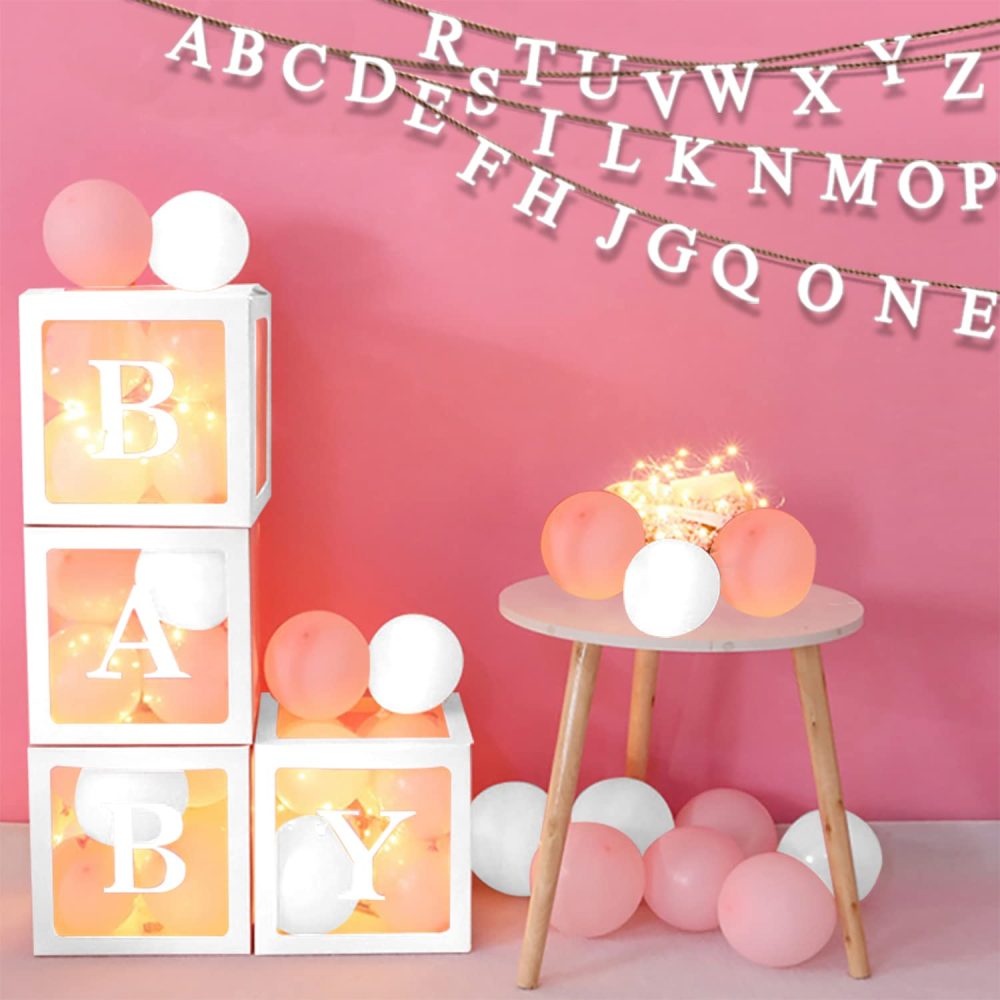 Baby Shower Balloons for Girl,71Pcs Shower Decorations set, 30 Party Balloons (Pink & White), 4 Shower Boxes, 4 String Lights, 33 Letters DIY Name Combination for Birthday Party - Image 4