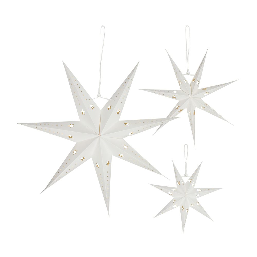 Lights4fun Set of 3 White Paper Star Lanterns Hanging Christmas Decoration 7 Points 60 Warm White LEDs Battery Operated with Timer Indoor Use - Image 2