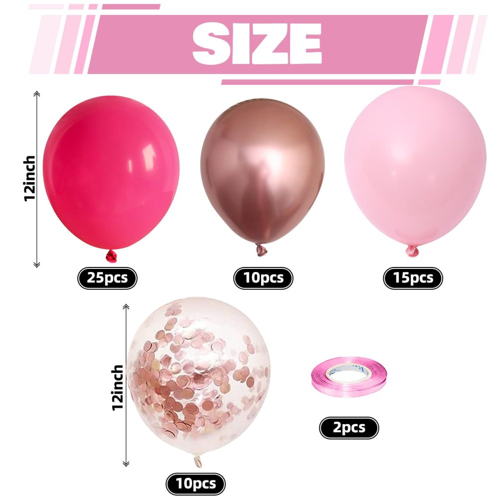 Pink Balloons, 60 Packs 12 Inch Hot Pink and Chrome Rose Gold Confetti Balloons, Rose Pink Light Balloon with Ribbons for Girls Birthday Baby Shower Princess Theme Valentine's Party Decorations - Image 6