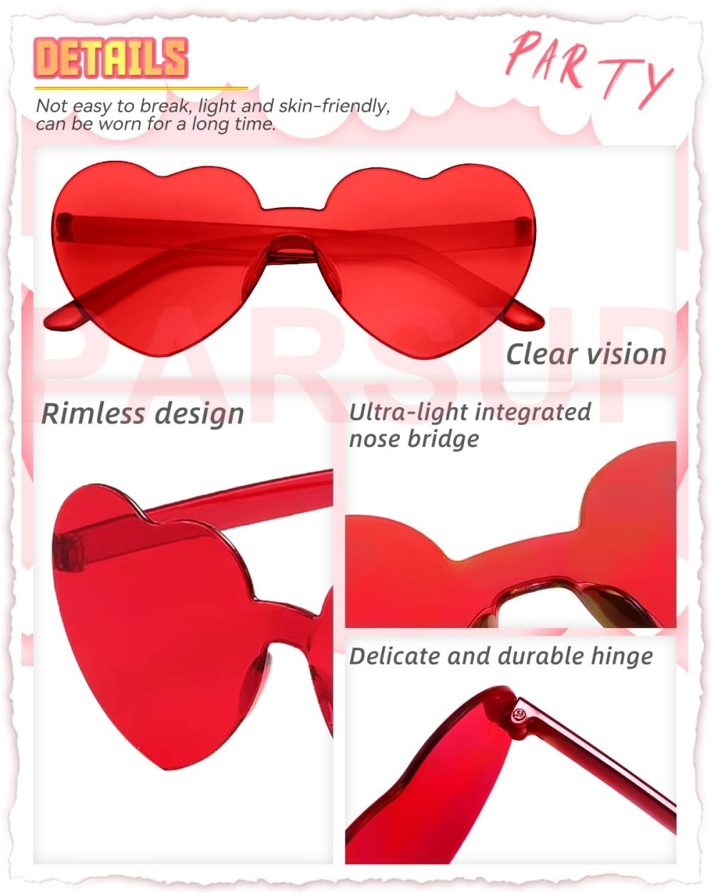6 Pairs Valentines Day Heart Glasses, Hen Do Rimless Frameless Sunglasses Transparent Tinted Eyewear, Bride Glasses Bachelorette/Wedding Party Bridal Shower Party Favours Photo Booth Props - Image 6