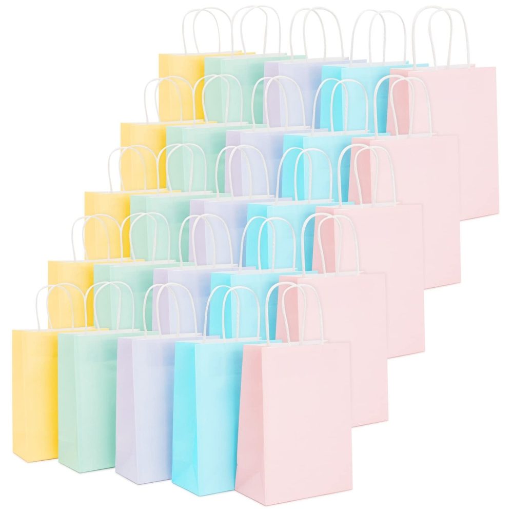 25 Pack Pastel-Colored Paper Gift Bags with Handles for Goodies, Birthday Party Favours, 16cm x 9cm x 23cm, 5 Rainbow Colors