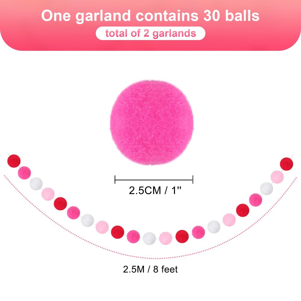 G2PLUS 2PCS Colored Felt Ball Garland, Pom Pom Garland with 60 Balls for Valentine's Day, Rose Pink and White Felt Ball Garlands for Bedroom Valentine's Day Party Decoration - Image 7