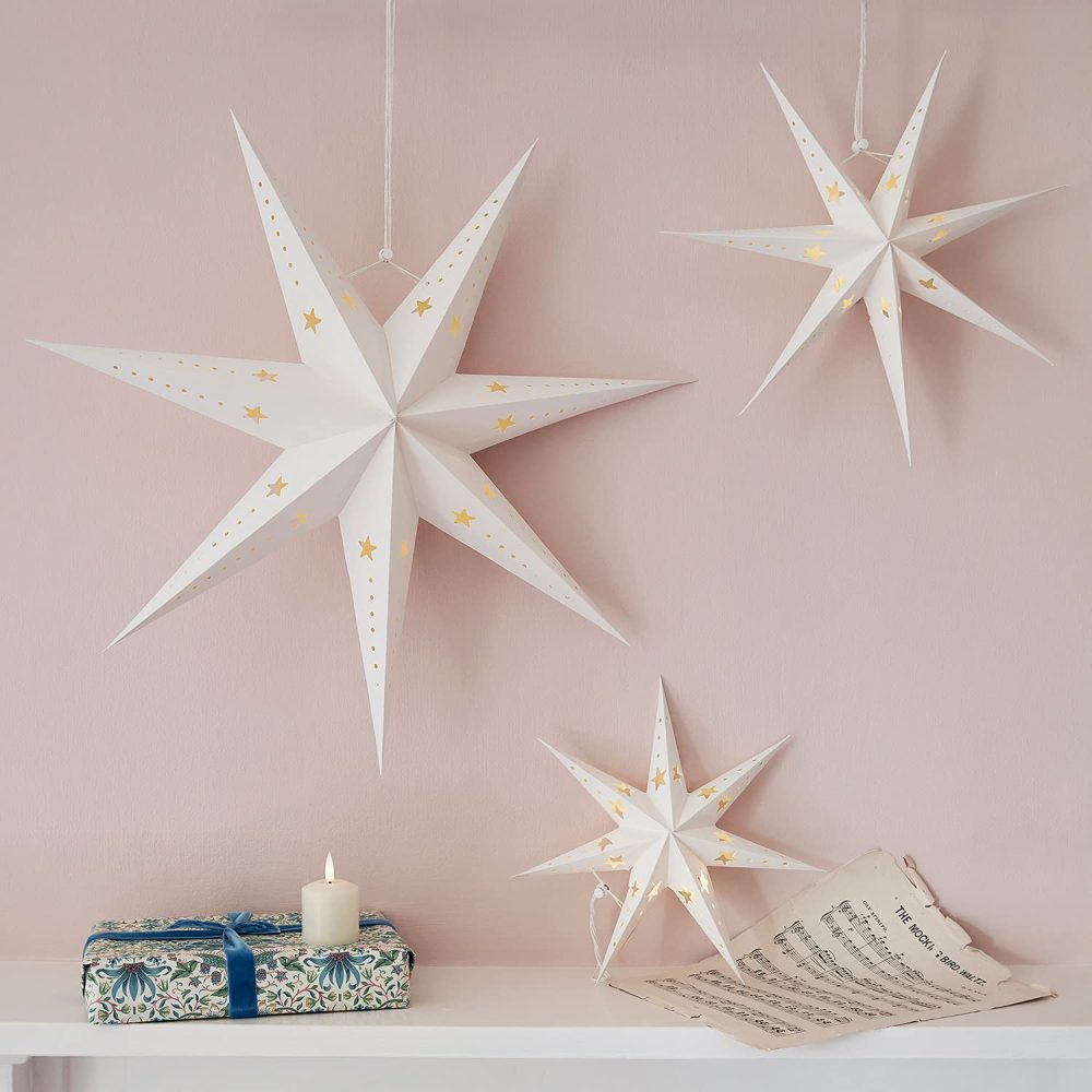 Lights4fun Set of 3 White Paper Star Lanterns Hanging Christmas Decoration 7 Points 60 Warm White LEDs Battery Operated with Timer Indoor Use