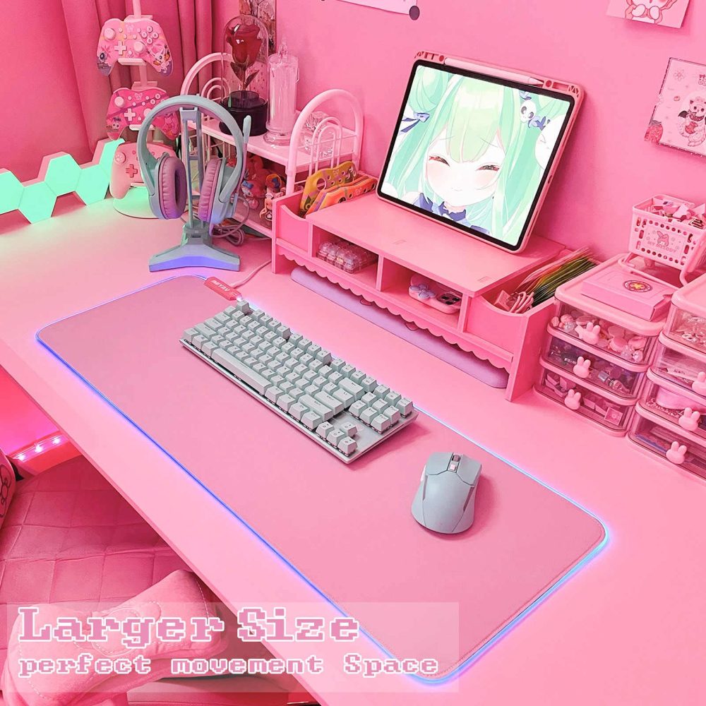 JMIYAV Pink RGB Gaming Mouse Pad PC XL Large Extended Glowing Led Light Up Desk Pad Mouse Mat Non-Slip Rubber Base Computer Big Cute Mousepad Mat Optimized for Gamer 80 * 30cm - Image 6