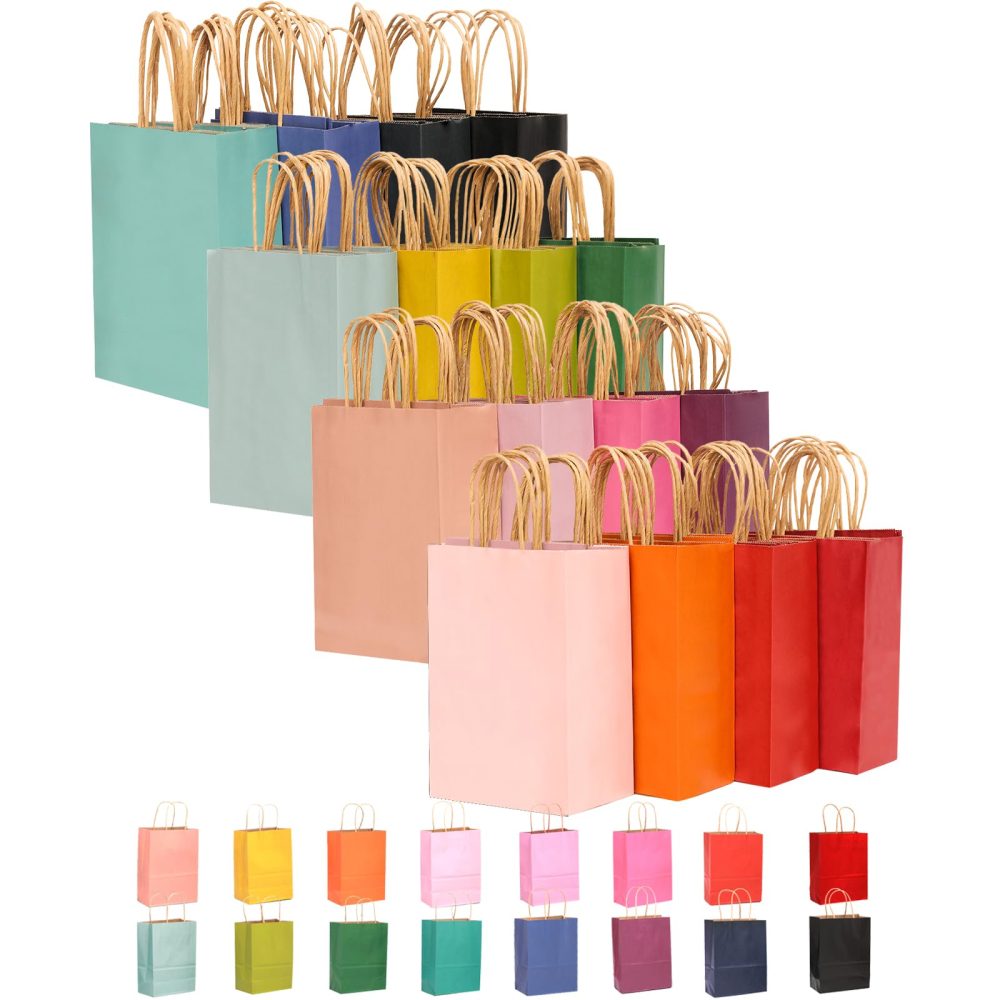 Gcardist 32Pcs Kraft Paper Bags with Handles 21x15x8cm Small Gift Party Bags 16 Different Senior Color Shopping Treat Bags Multiple Uses(8.3x6x3Inch, Small Size)