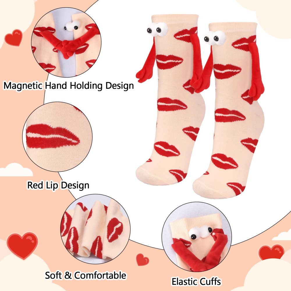 HONMOK 2 Pairs Valentine's Day Gifts for Her Him Couple Magnetic Socks Holding Hands Socks Romantic Red Lips Hand In Hand Socks Funny Love Gift Present for Boyfriend Girlfriend Women - Image 3