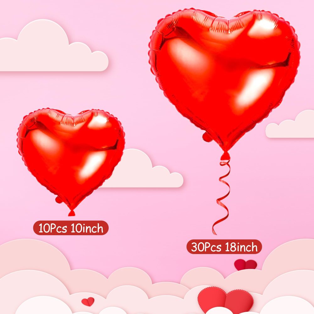 Red Heart Balloons- 30Pcs 18inch and 10pcs 10inch Foil Heart Balloon, Valentine Day Balloons, Room Decorations Kit Party Props Decor Love Balloons Red Valentines Day Heart Balloons - Image 7