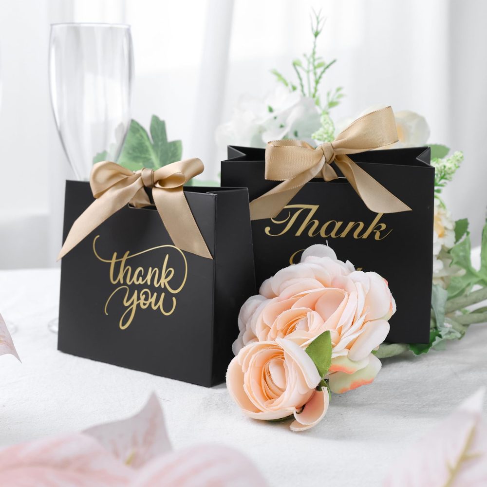 HAKACC 18PCS Thank You Gift Bags, Mini Gift Boxes Bulk Black Party Favour Bags with Bow Ribbon Candy Bags for Birthday Wedding Party Bridal Shower - Image 3