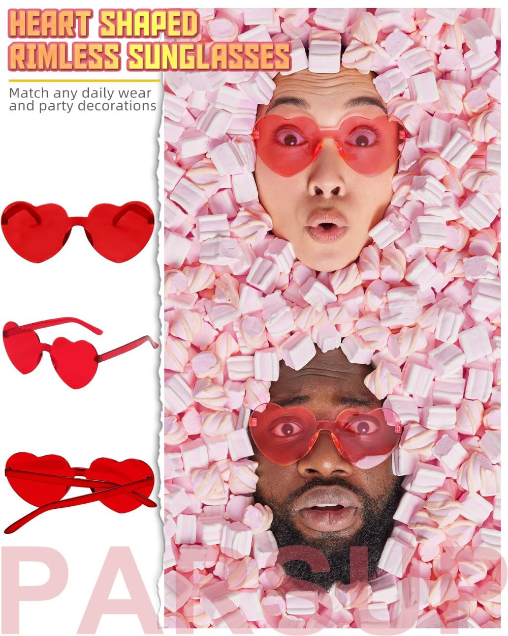 6 Pairs Valentines Day Heart Glasses, Hen Do Rimless Frameless Sunglasses Transparent Tinted Eyewear, Bride Glasses Bachelorette/Wedding Party Bridal Shower Party Favours Photo Booth Props - Image 5