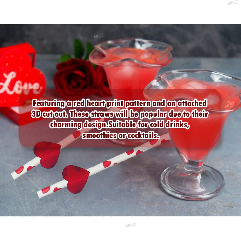AKH® Heart Print Paper Straws | Pack of 20 | Valentine's Day Paper Straws 20CM | Red White Love Heart Printed Disposable Drinking Straws | 3D Red Foil Heart Cut Out Attached - Image 2