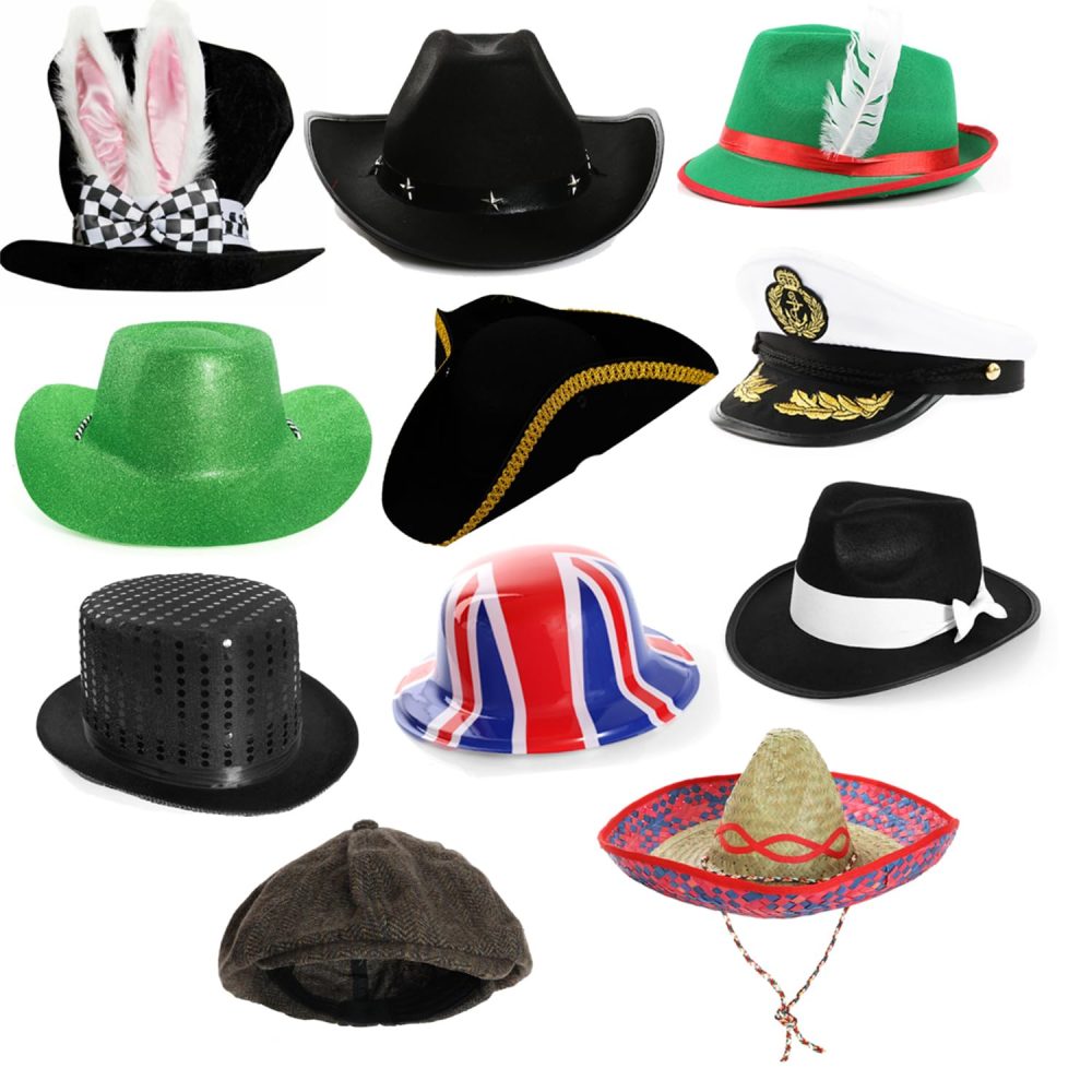 PACK OF 11 PARTY PHOTO BOOTH PROP HATS. NOVELTY FANCY DRESS HEADWEAR. FUNNY HATS FOR BIRTHDAYS, GRADUATIONS, WEDDINGS, & PARTIES. SIZE: PACK OF 11