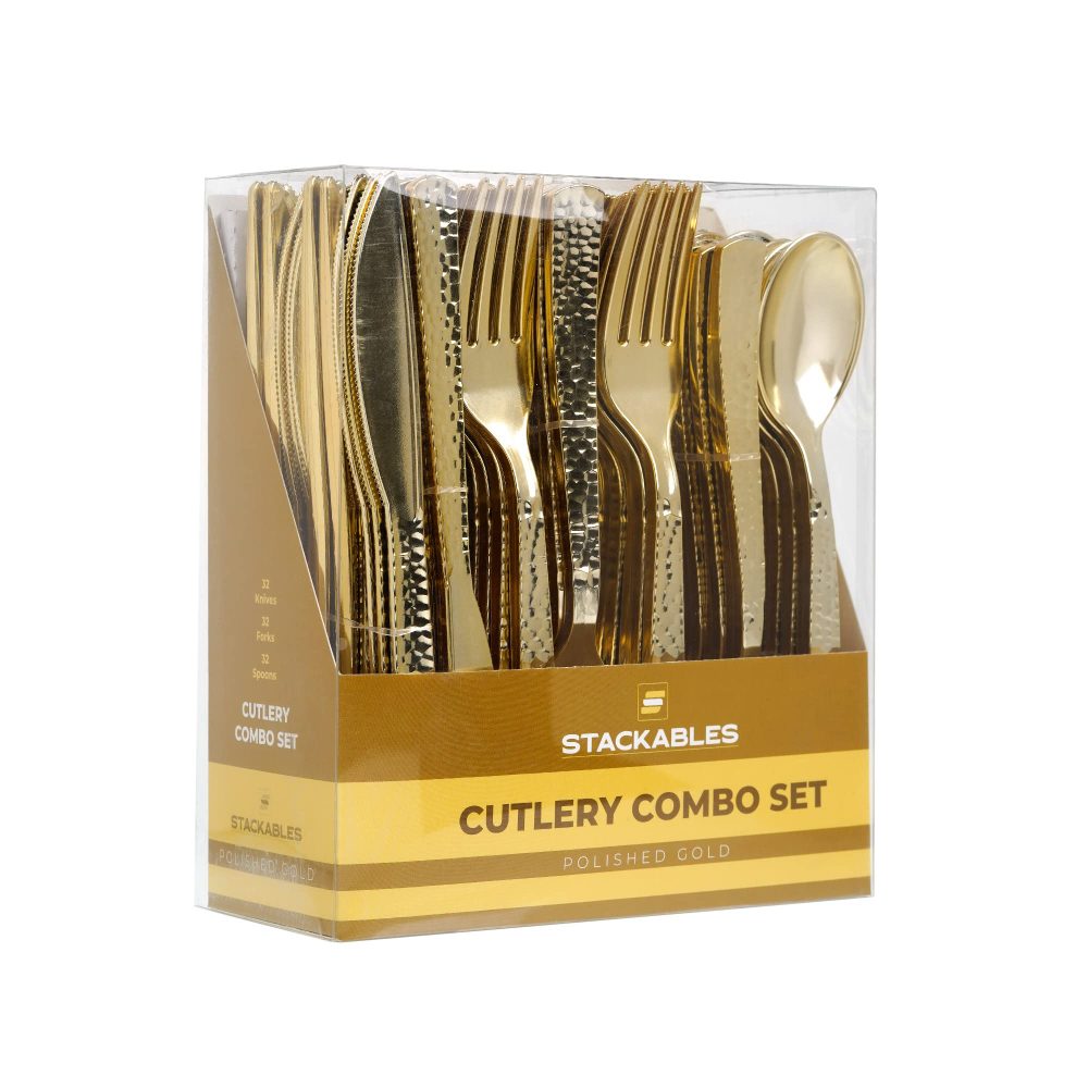 STACKABLES ~ 96 Piece Polished Gold Plastic Cutlery Set ~ Plastic Spoons Forks & Knives 32 of Each ~ Reusable Elegant Party Flatware - Image 2
