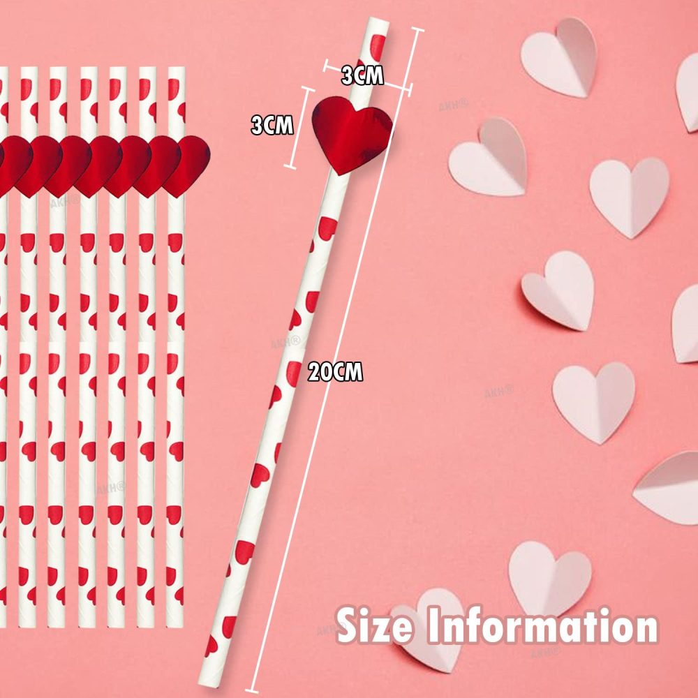 AKH® Heart Print Paper Straws | Pack of 20 | Valentine's Day Paper Straws 20CM | Red White Love Heart Printed Disposable Drinking Straws | 3D Red Foil Heart Cut Out Attached - Image 5