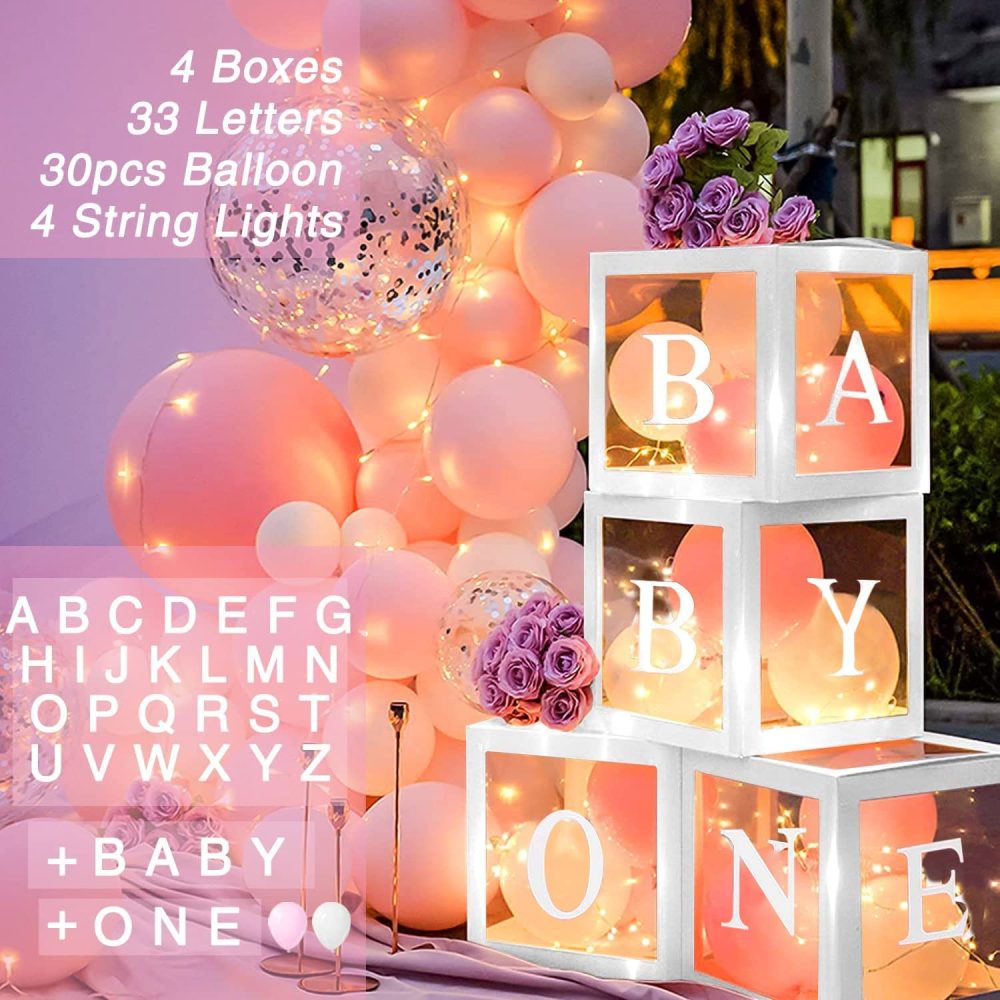 Baby Shower Balloons for Girl,71Pcs Shower Decorations set, 30 Party Balloons (Pink & White), 4 Shower Boxes, 4 String Lights, 33 Letters DIY Name Combination for Birthday Party - Image 6