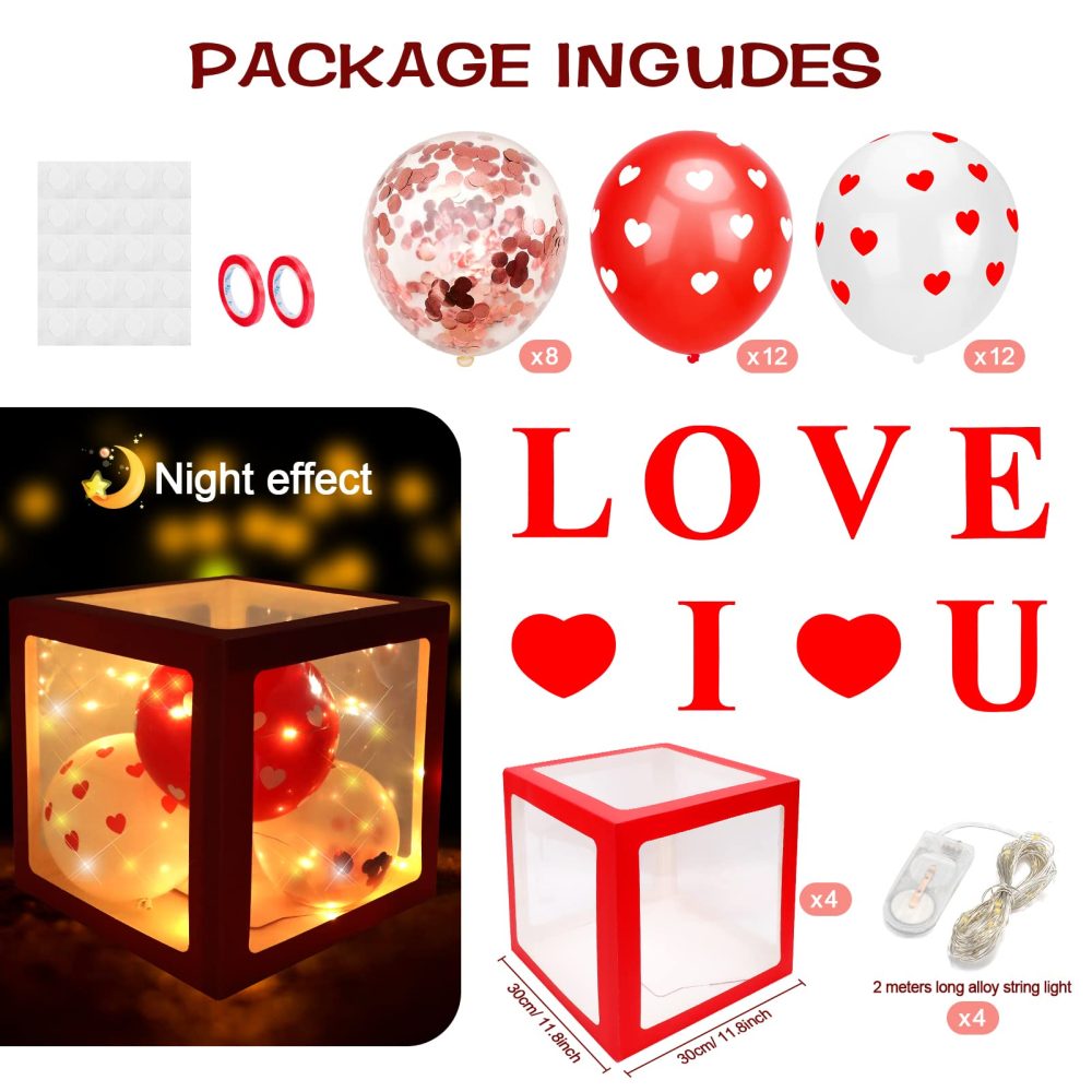 Qpout Valentine’s Day Balloon Boxes Party Decorations, 4 Pcs Red Valentine's Party Transparent Balloon Boxes with 32 Red Balloons & Letters LOVE & 2m String Light for Wedding Decorations Baby Shower - Image 7