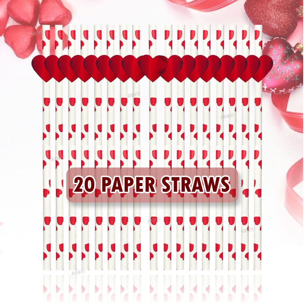 AKH® Heart Print Paper Straws | Pack of 20 | Valentine's Day Paper Straws 20CM | Red White Love Heart Printed Disposable Drinking Straws | 3D Red Foil Heart Cut Out Attached - Image 4