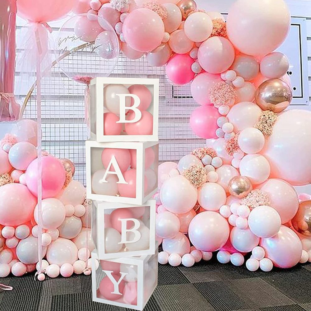 Baby Shower Balloons for Girl,71Pcs Shower Decorations set, 30 Party Balloons (Pink & White), 4 Shower Boxes, 4 String Lights, 33 Letters DIY Name Combination for Birthday Party