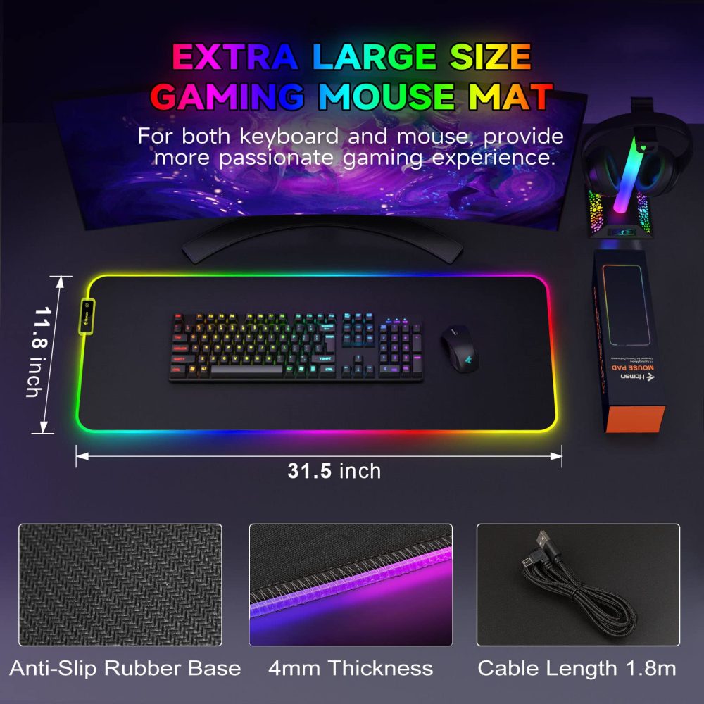 Hcman RGB Gaming Mouse Mat Pad, Large Thick (800×300×4mm) XXXL Extended Led Mousepad with Non-Slip Rubber Base, Soft Computer Keyboard Mice Mat for Macbook, PC, Laptop, Desk - Black - Image 4