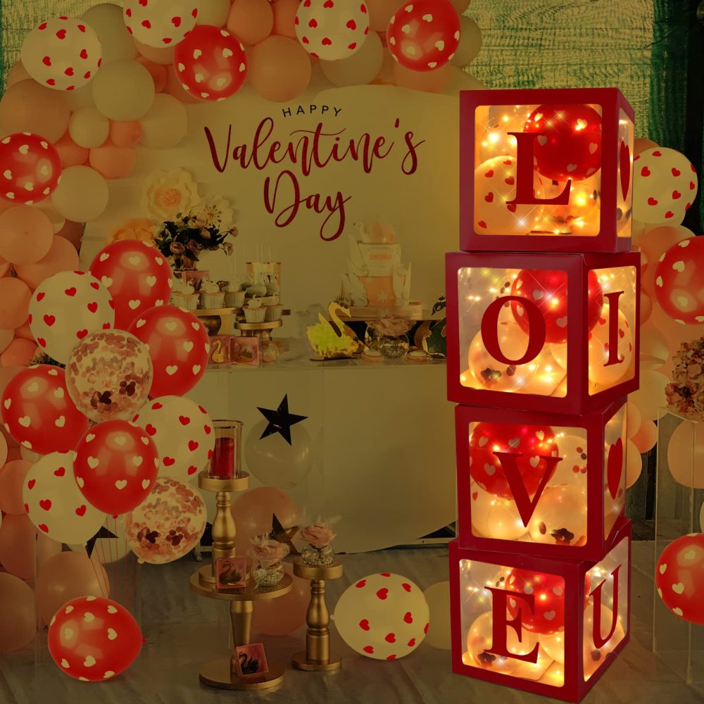 Qpout Valentine’s Day Balloon Boxes Party Decorations, 4 Pcs Red Valentine's Party Transparent Balloon Boxes with 32 Red Balloons & Letters LOVE & 2m String Light for Wedding Decorations Baby Shower - Image 4