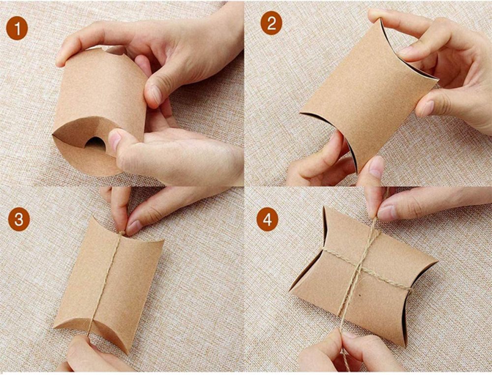 100Pcs Kraft Gift Bags Brown Small Pillow Boxes Vintage Natural Candy Boxes with Jute String for Christmas Party Wedding Birthday Baby Shower 3.5x2.5Inch - Image 3