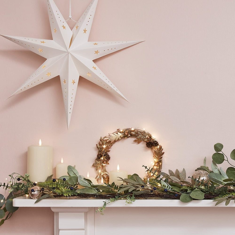 Lights4fun Set of 3 White Paper Star Lanterns Hanging Christmas Decoration 7 Points 60 Warm White LEDs Battery Operated with Timer Indoor Use - Image 5