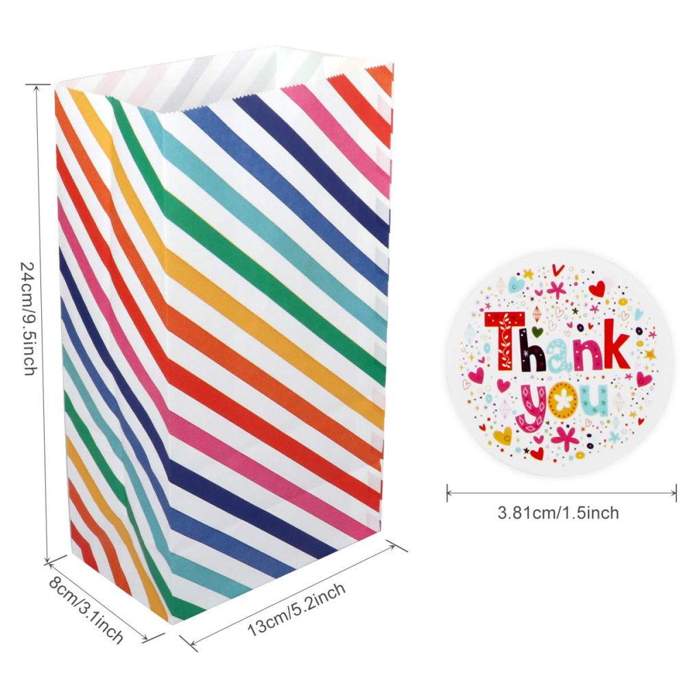 20PCS Kraft Paper Party Bags, AUERVO Rainbow Dots and Stripe Party Favor Bags Birthday Bags Gift Treat Bags With Thank You Stickers for Baby Shower Wedding Valentines' Day - Image 7