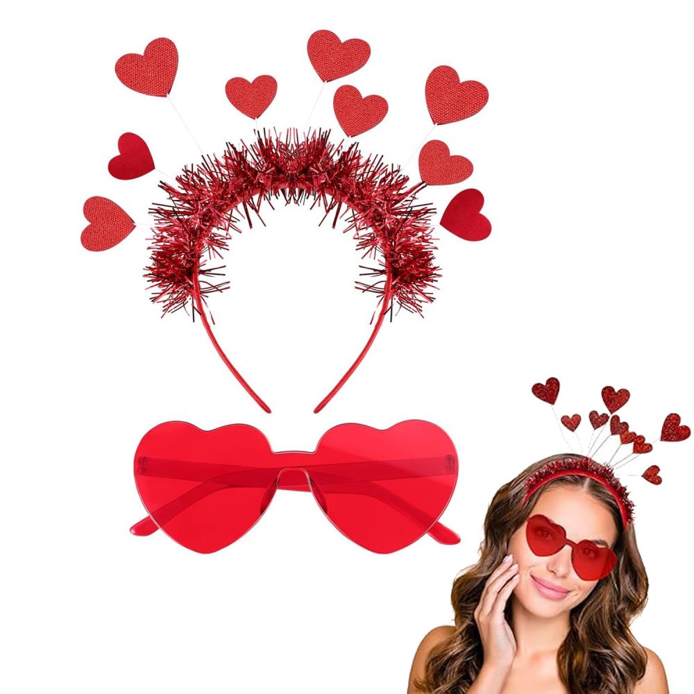 CKCSHI Heart Headband & Heart Glasses, Glitter Heart Hairband, Red Heart Rimless Sunglasses, Valentines Heart Headband, Valentine Day Heart Glasses & Headband for Wedding Valentines Day Party