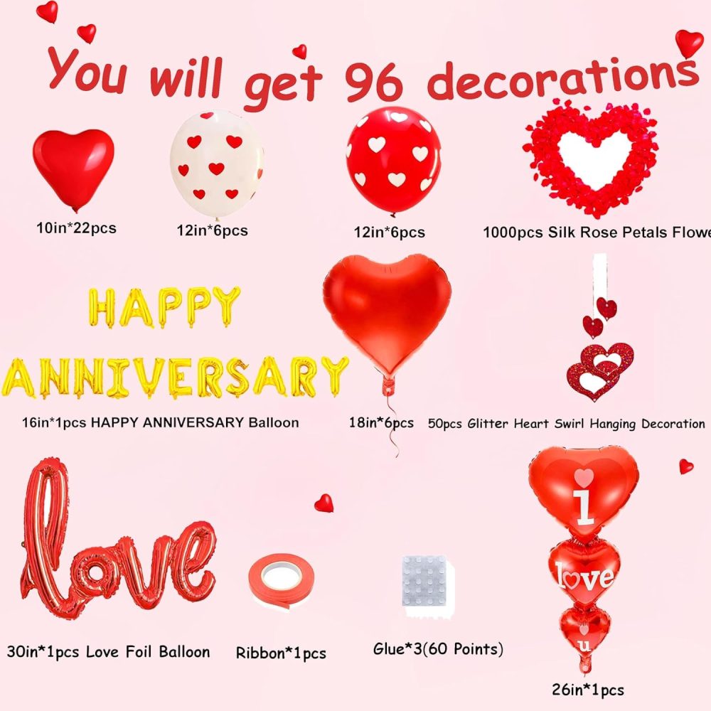 Anniversary Decorations Valentines Day Balloons Arch with Happy Anniversary Banner Heart I Love You Balloons Red Felt Heart Hanging String Rose Petals for Valentines Romantic Decorations - Image 4