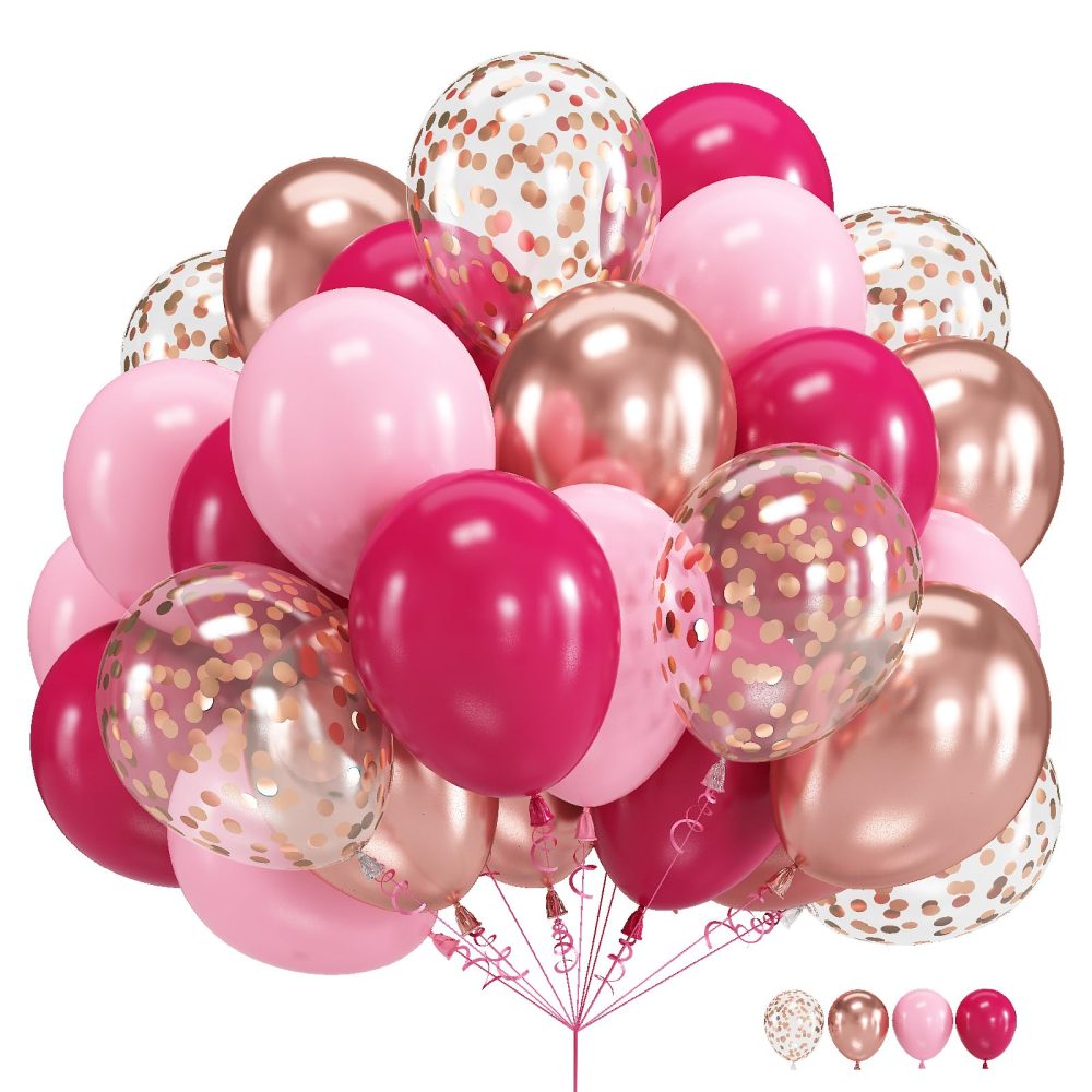 Pink Balloons, 60 Packs 12 Inch Hot Pink and Chrome Rose Gold Confetti Balloons, Rose Pink Light Balloon with Ribbons for Girls Birthday Baby Shower Princess Theme Valentine's Party Decorations