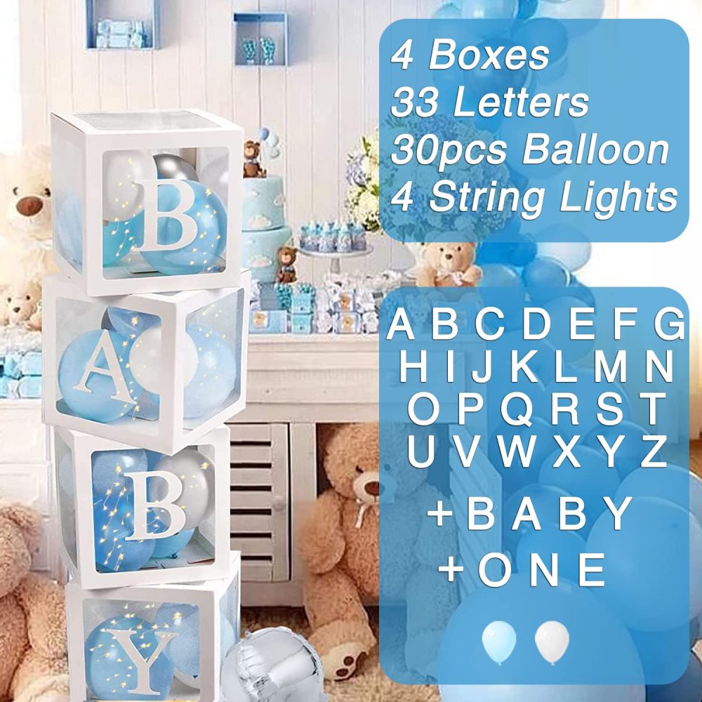 71Pcs Baby Shower Balloons Boxs set for Boys, 30 Party Balloons (Blue & White), 4 String Lights and 33 Letters（Include BABY+ONE+A-Z）, 4 Transparent Balloon Boxes Blocks for Baby Shower Birthday Party