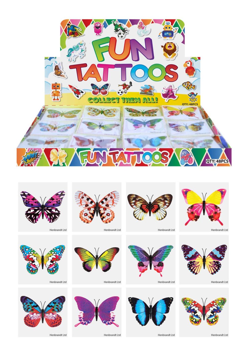 HENBRANDT 48x Mini Butterfly Temporary Tattoos for Children Kids Party Bag Favours Loot Bag Fillers Lucky Dip