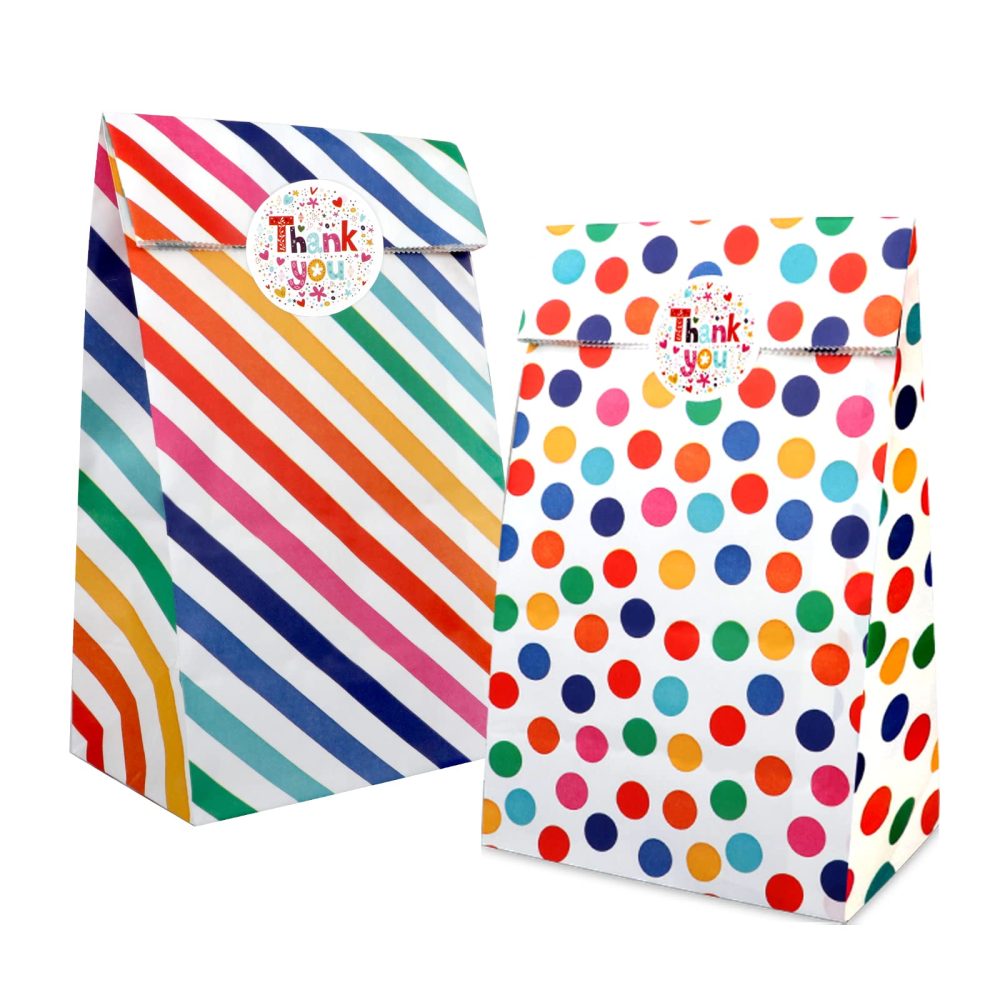 20PCS Kraft Paper Party Bags, AUERVO Rainbow Dots and Stripe Party Favor Bags Birthday Bags Gift Treat Bags With Thank You Stickers for Baby Shower Wedding Valentines' Day
