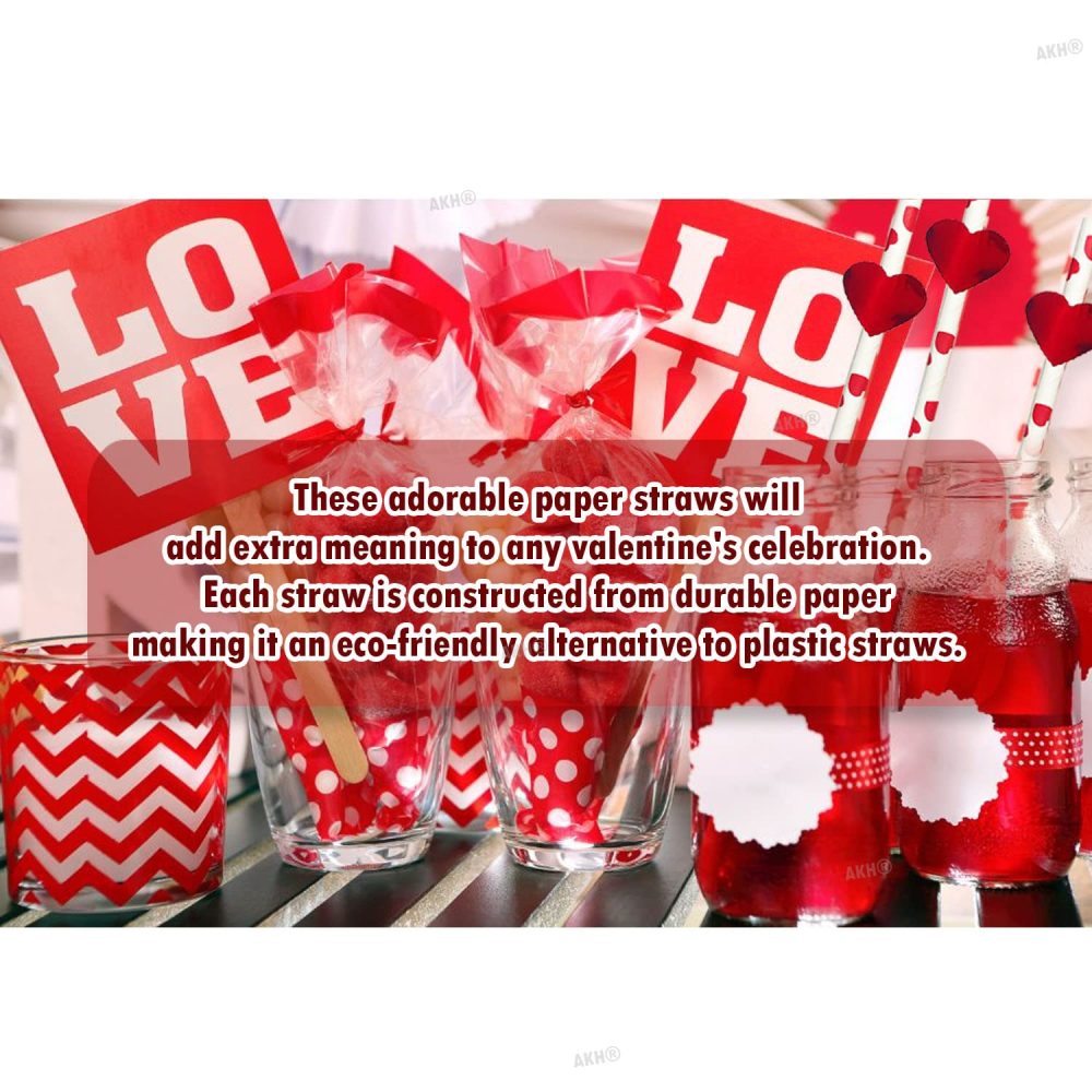 AKH® Heart Print Paper Straws | Pack of 20 | Valentine's Day Paper Straws 20CM | Red White Love Heart Printed Disposable Drinking Straws | 3D Red Foil Heart Cut Out Attached - Image 3