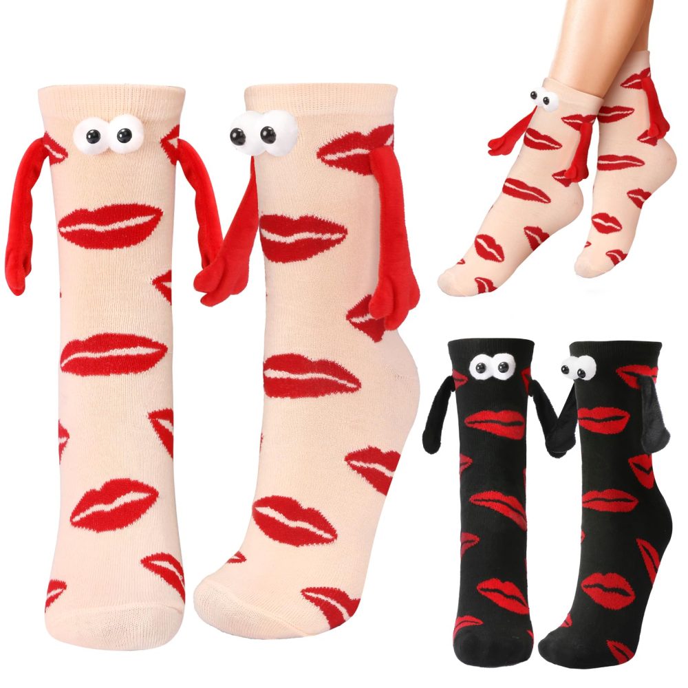 HONMOK 2 Pairs Valentine's Day Gifts for Her Him Couple Magnetic Socks Holding Hands Socks Romantic Red Lips Hand In Hand Socks Funny Love Gift Present for Boyfriend Girlfriend Women