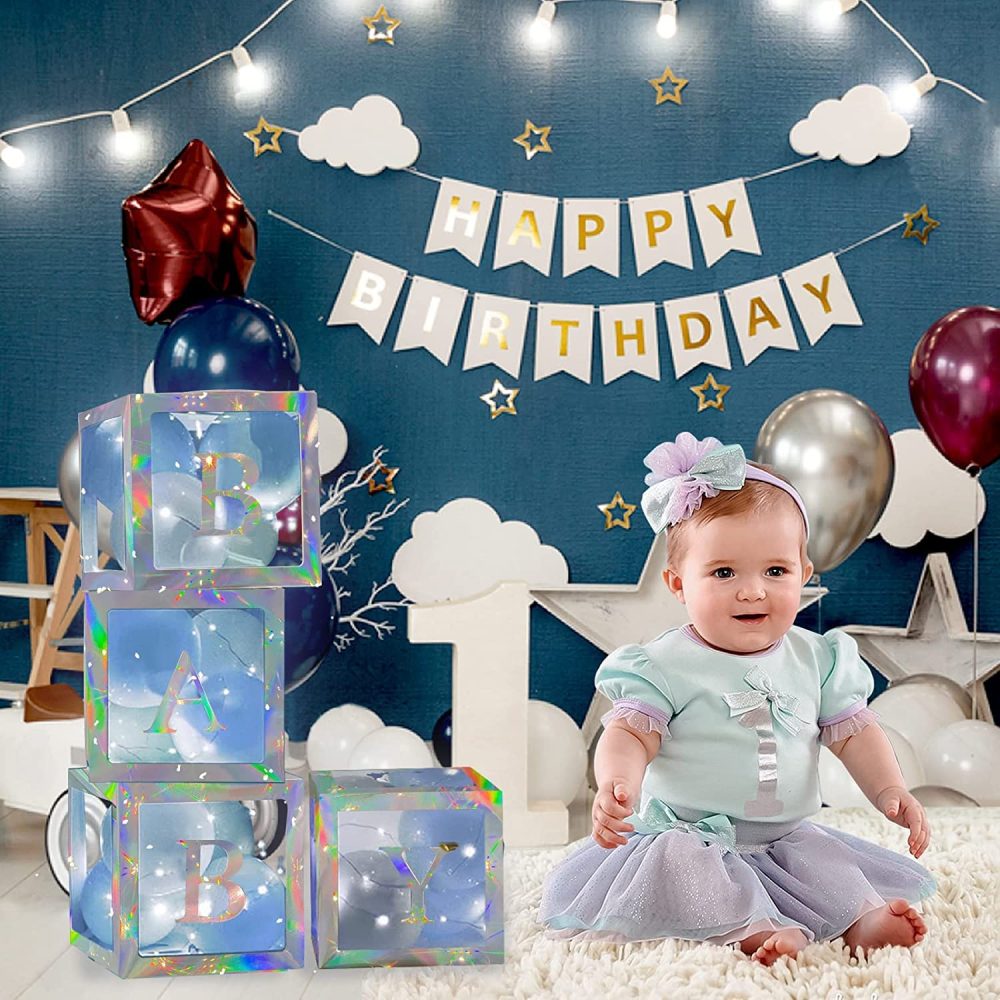 71Pcs Baby Shower Balloons Boxs set for Boys, 30 Party Balloons (Blue & White), 4 String Lights and 33 Letters（Include BABY+ONE+A-Z）, 4 Transparent Balloon Boxes Blocks for Baby Shower Birthday Party - Image 5