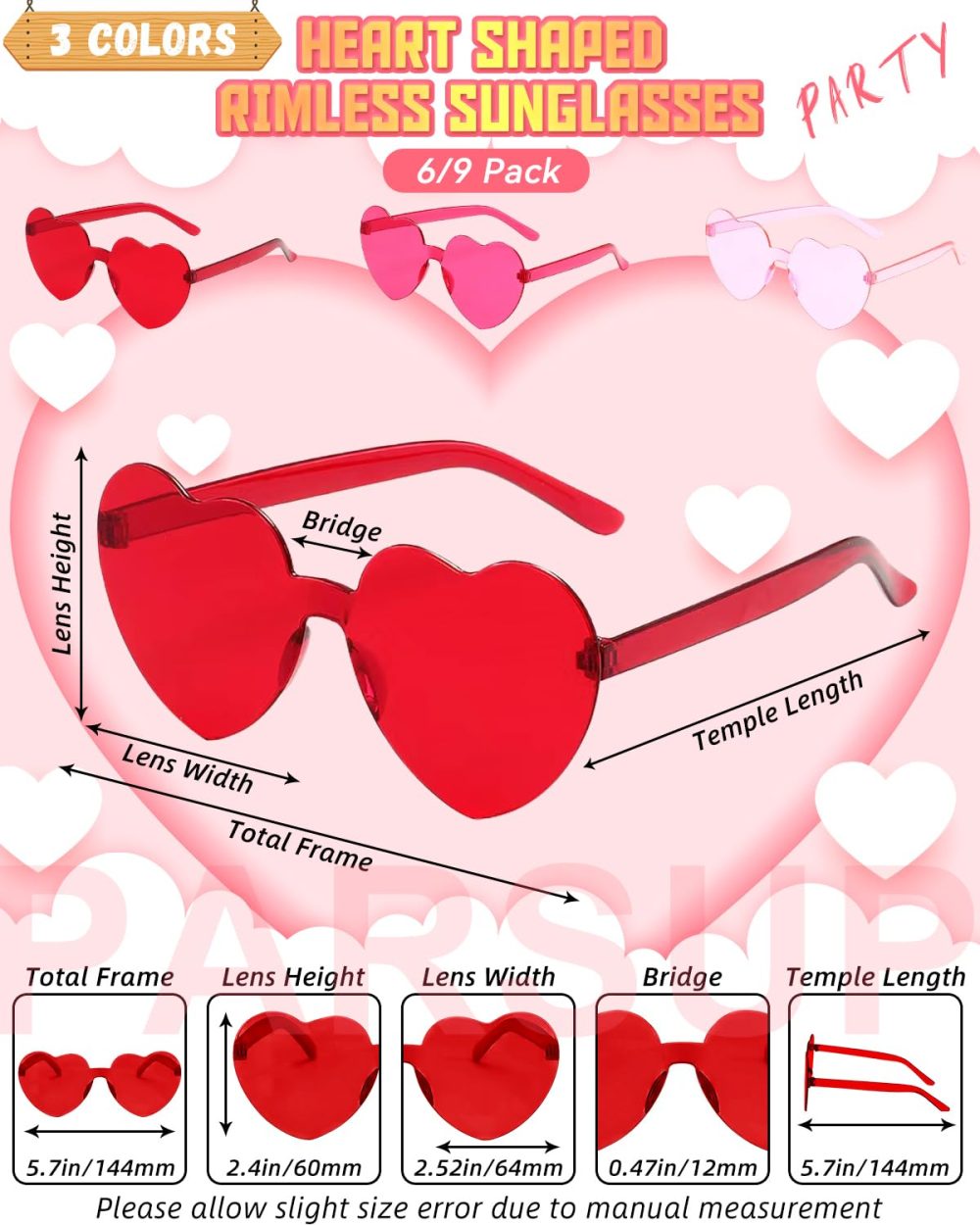 6 Pairs Valentines Day Heart Glasses, Hen Do Rimless Frameless Sunglasses Transparent Tinted Eyewear, Bride Glasses Bachelorette/Wedding Party Bridal Shower Party Favours Photo Booth Props - Image 7