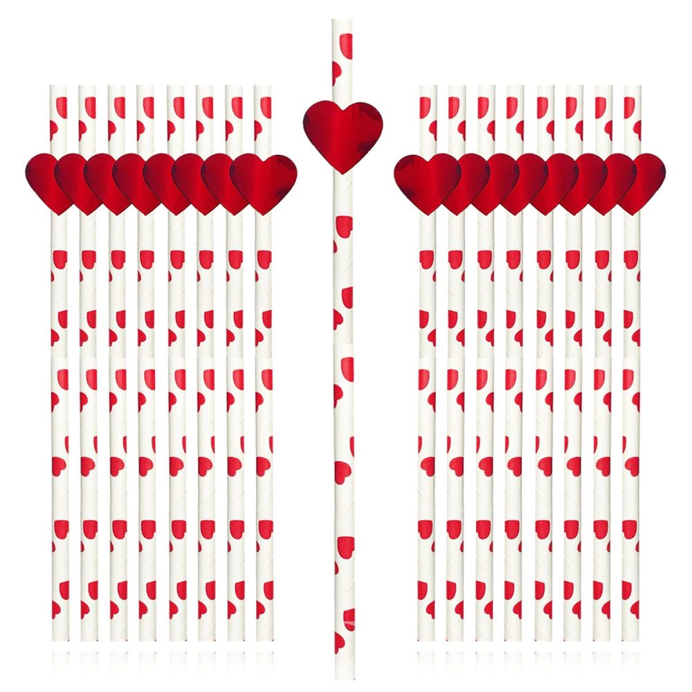 AKH® Heart Print Paper Straws | Pack of 20 | Valentine's Day Paper Straws 20CM | Red White Love Heart Printed Disposable Drinking Straws | 3D Red Foil Heart Cut Out Attached