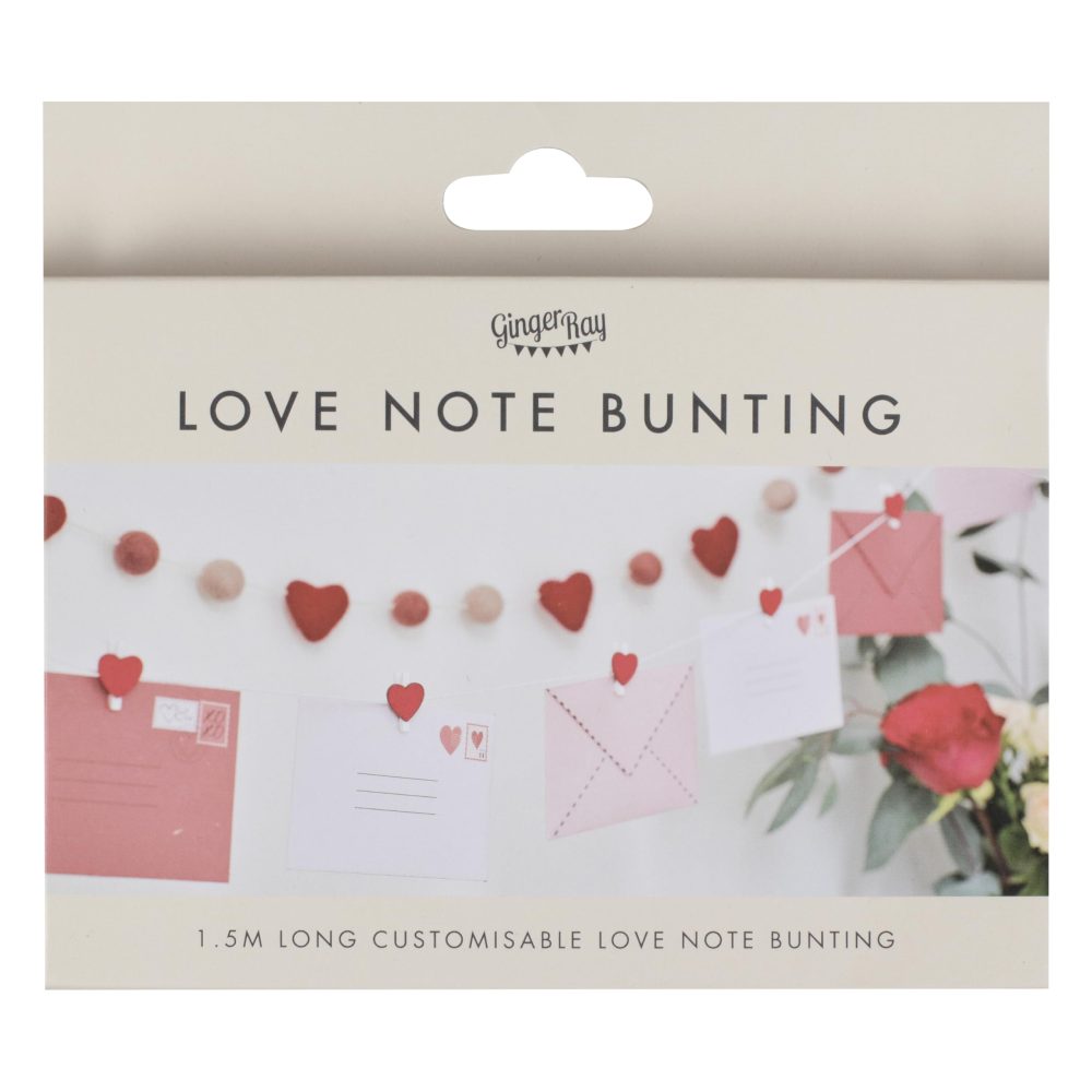 Ginger Ray Valentine's Day Love Note Bunting Garland Decoration with 12x Notecards, Envelopes & Heart-shaped Pegs 1.5m - Image 2
