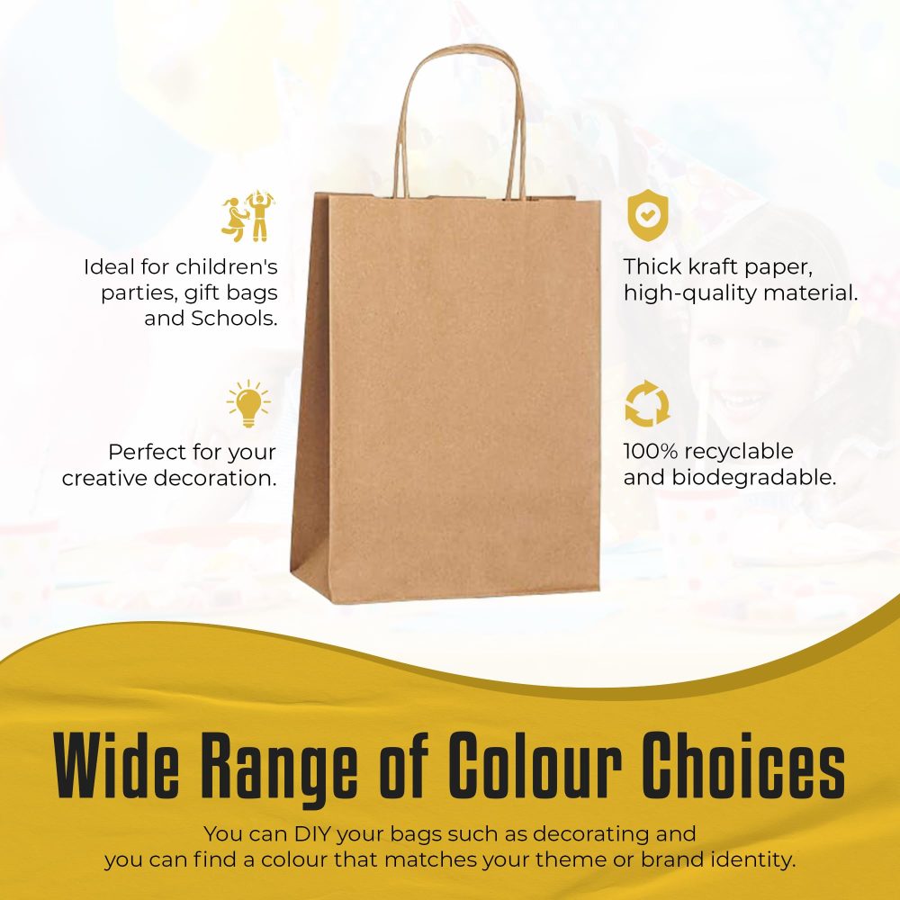 Thepaperbagstore 10 Small Brown Paper Party Bags With Handles - Colourful Paper Gift Bags for Kids and Adults Parties, Birthdays, Weddings, Baby Showers, Hen Parties and Sweets 18x22x8cm - Image 8