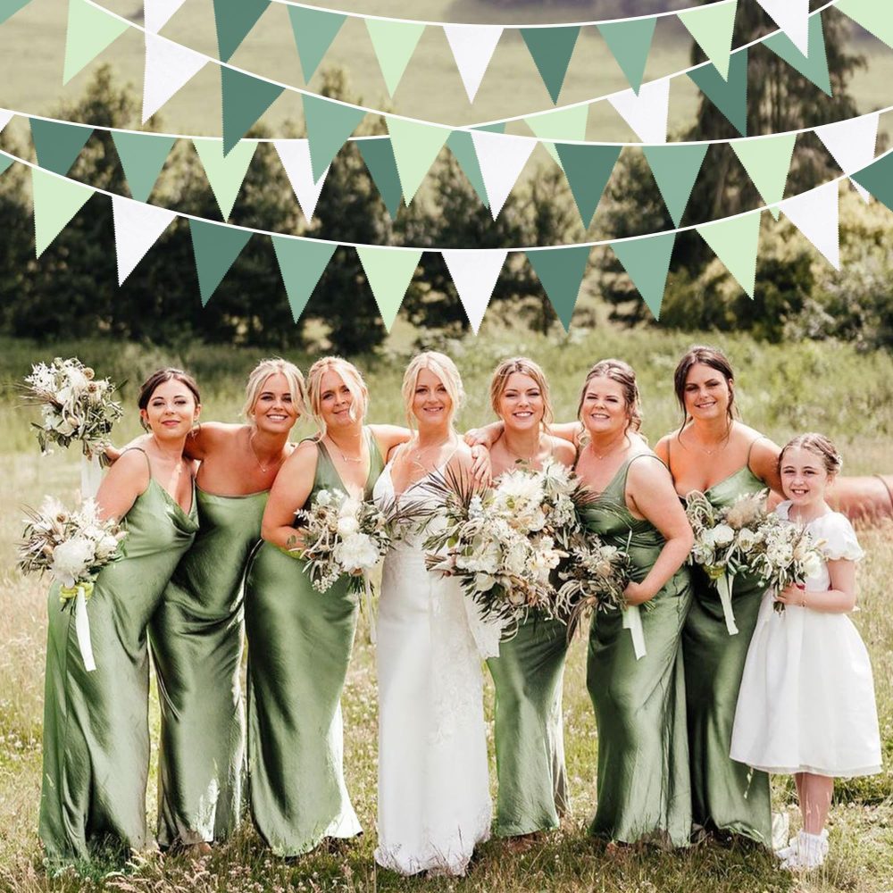 32Ft Sage Green Bunting Banner Party Decorations Avocado Green Fabric Triangle Flag Pennant Garland Streamer for Birthday Wedding Spring Summer Golf Jungle Baby Bridal Shower Outdoor Hanging Decor - Image 3
