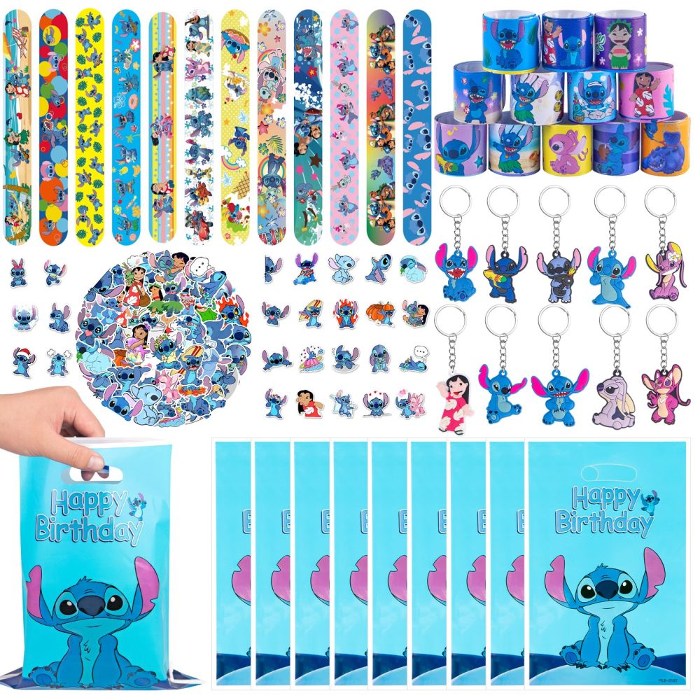 SupaWeiss 82pcs Stichs Party Bag Fillers,Kids Party Bag Fillers with 50pcs Stickers,12pcs Slap Bands,10pcs Keychains,10pcs S-tichs Bags,Party Bags Fillers for Kids Unisex