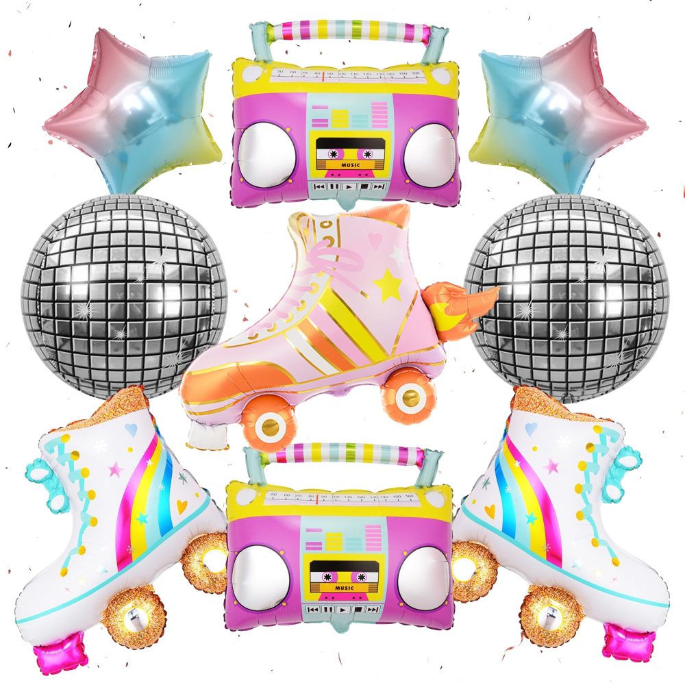 80s 90s Disco Party Decorations - 8 Pieces Inflatable Roller Skate 4D Disco Ball Boombox Gradient Stars Foil Balloons, Back to The 80s 90s Theme Decor, Retro Hip Hop Disco Birthday Party Supplies